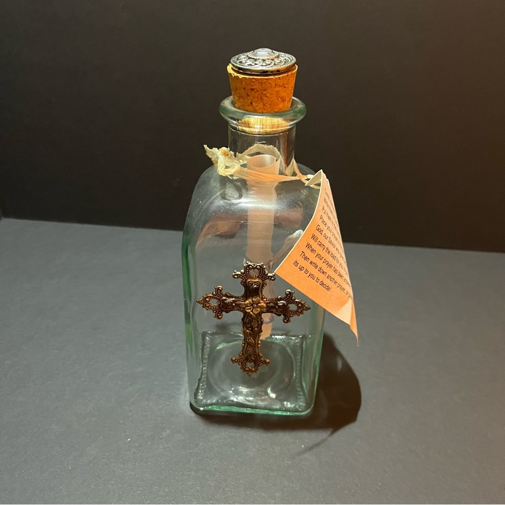 PRAYER GLASS BOTTLE with decorative cross and Cork Stopper